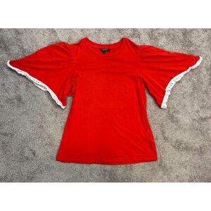 Lauren Ralph Lauren Sz Sm Red Bell‎ Sleeve Top Lace Trim Detail Casual Blouse